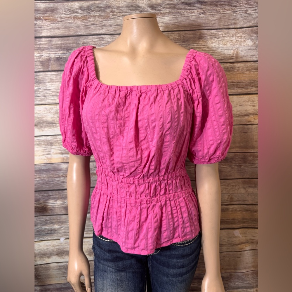 Tommy Hilfiger Womens Top M Medium Pink Square Neck Smocking Peasant Puff Sleeve